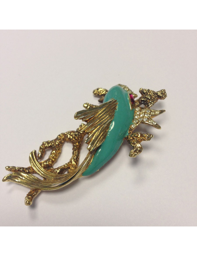 Broche CARVEN poisson émaillé turquoise dorée