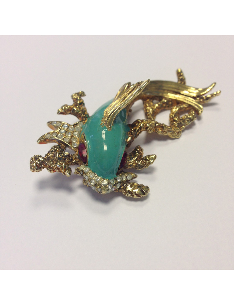 Broche CARVEN poisson émaillé turquoise dorée