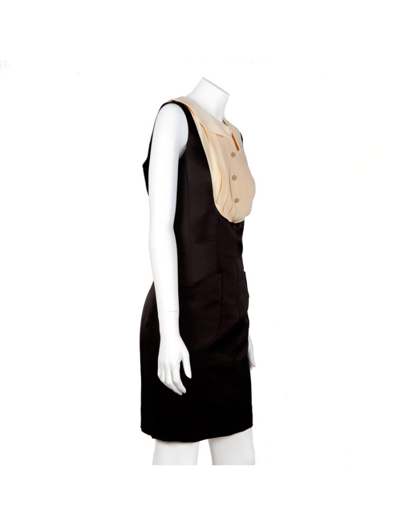 Robe CHANEL satin duchesse noire et soie beige