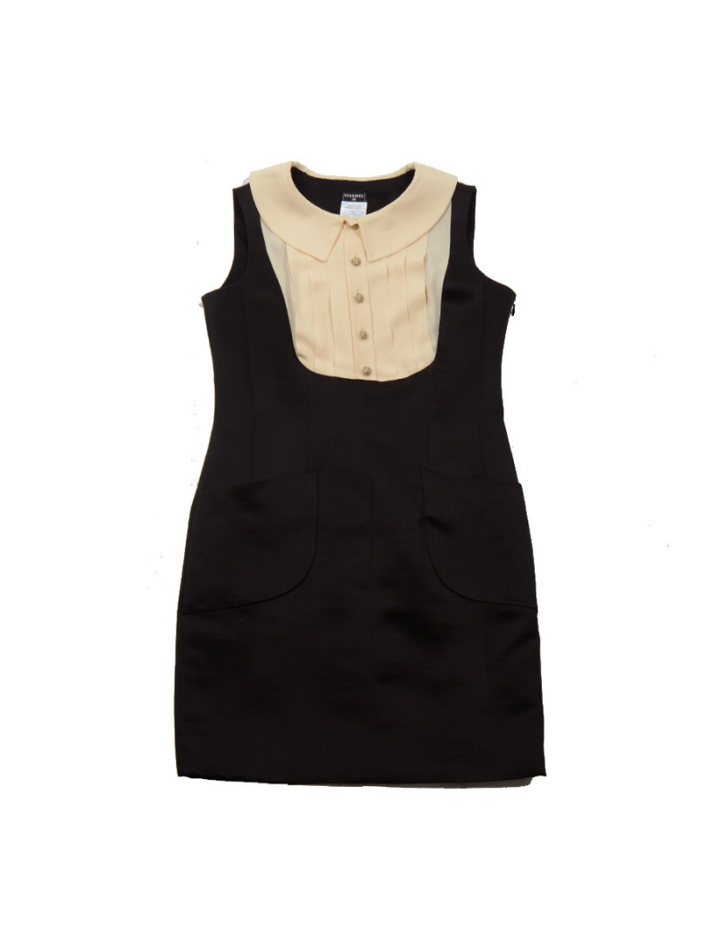 Robe CHANEL satin duchesse noire et soie beige