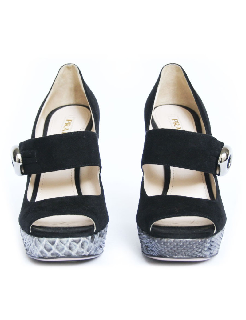 Escarpins PRADA velours noir et serpent gris T40