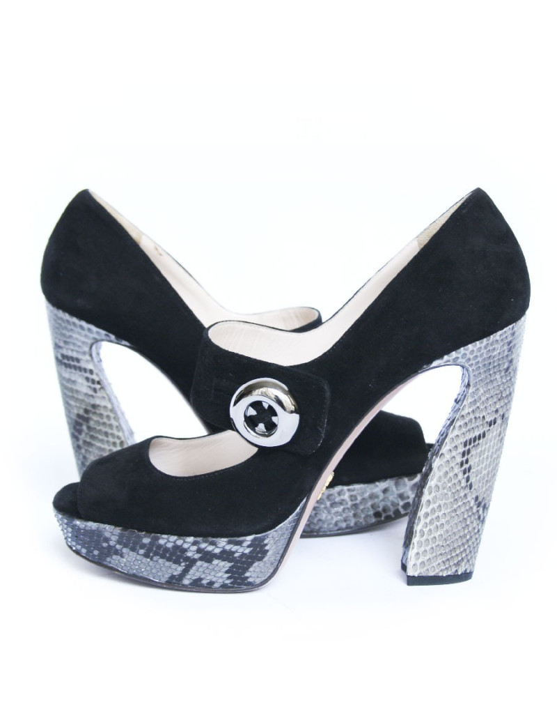 Escarpins PRADA velours noir et serpent gris T40