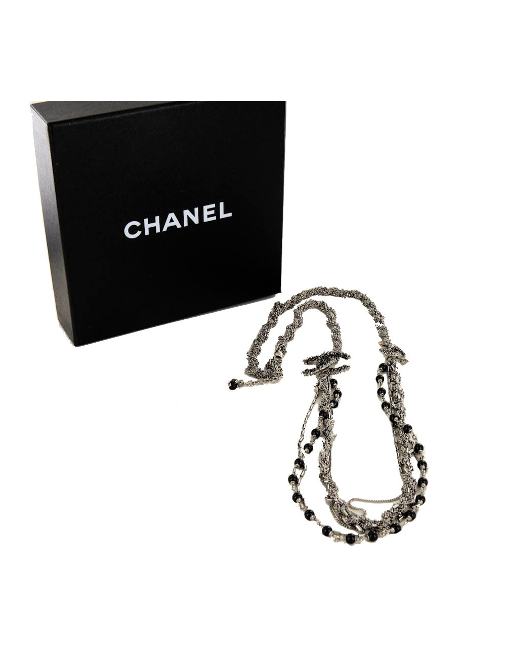 Sautoir CHANEL argent vieilli et strass et perles noires