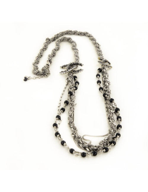 Sautoir CHANEL argent vieilli et strass et perles noires