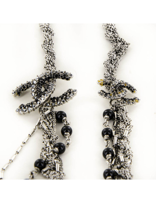 Sautoir CHANEL argent vieilli et strass et perles noires