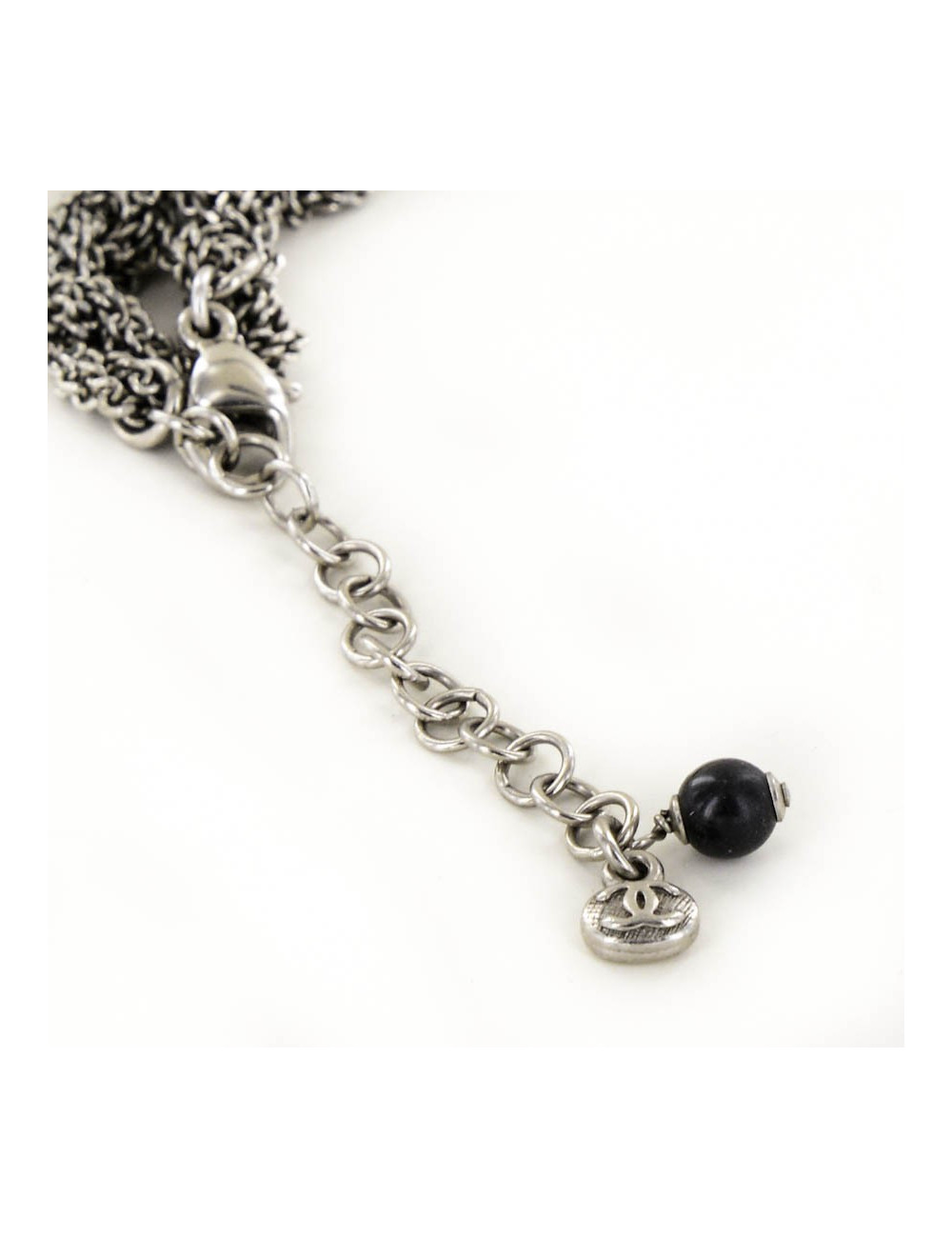 Sautoir CHANEL argent vieilli et strass et perles noires