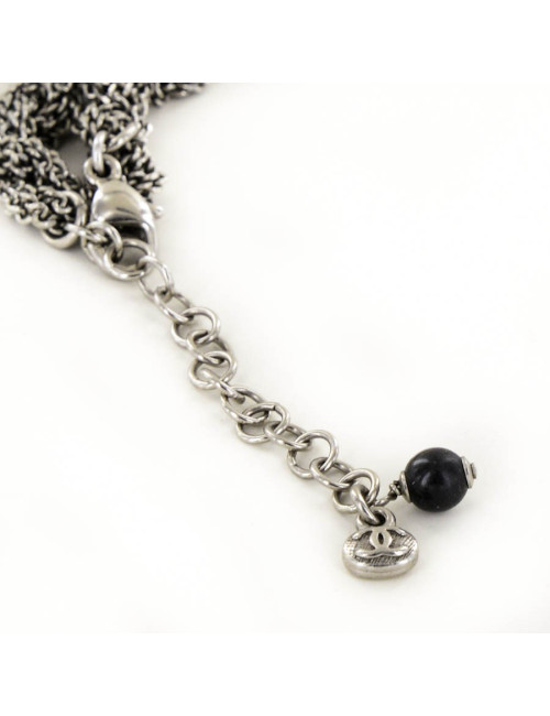 Sautoir CHANEL argent vieilli et strass et perles noires