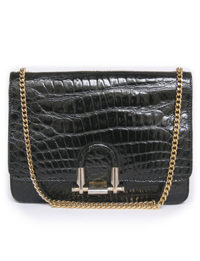 Sac  en croco noir anonyme vintage 