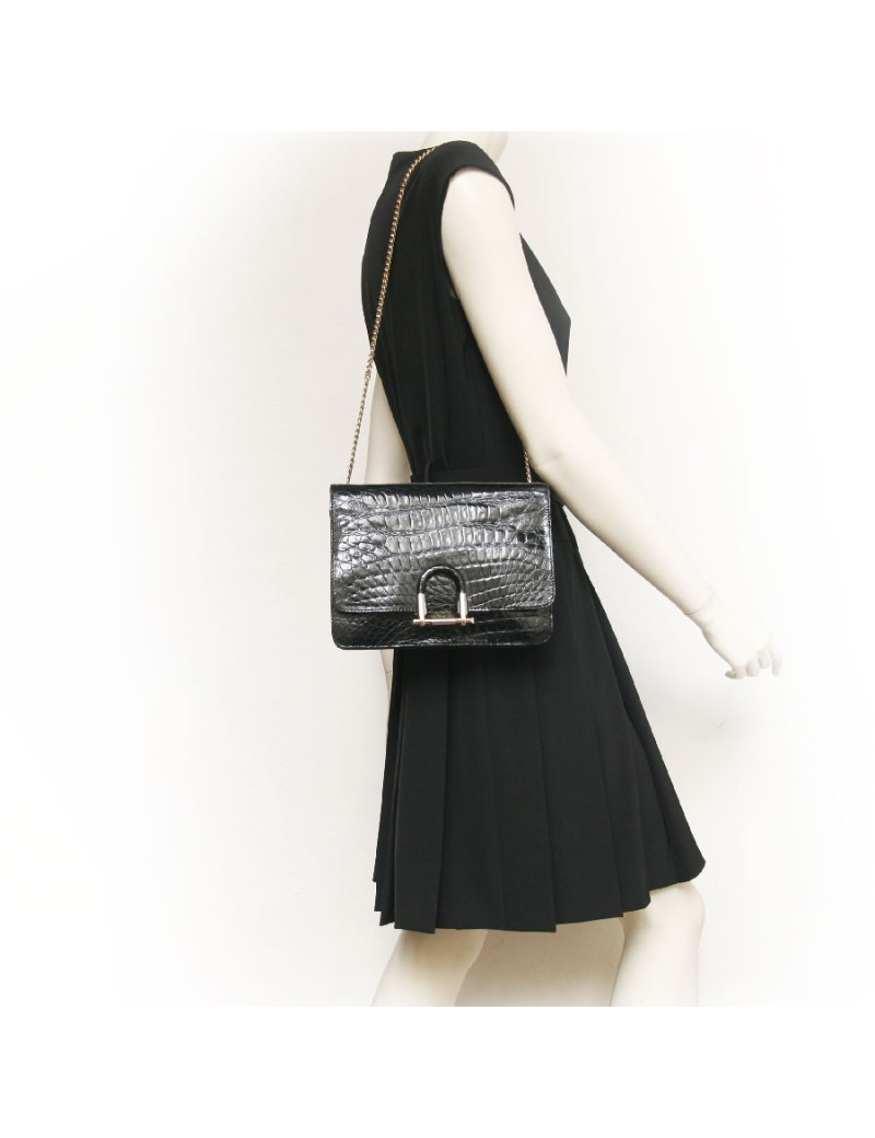 Sac  en croco noir anonyme vintage 