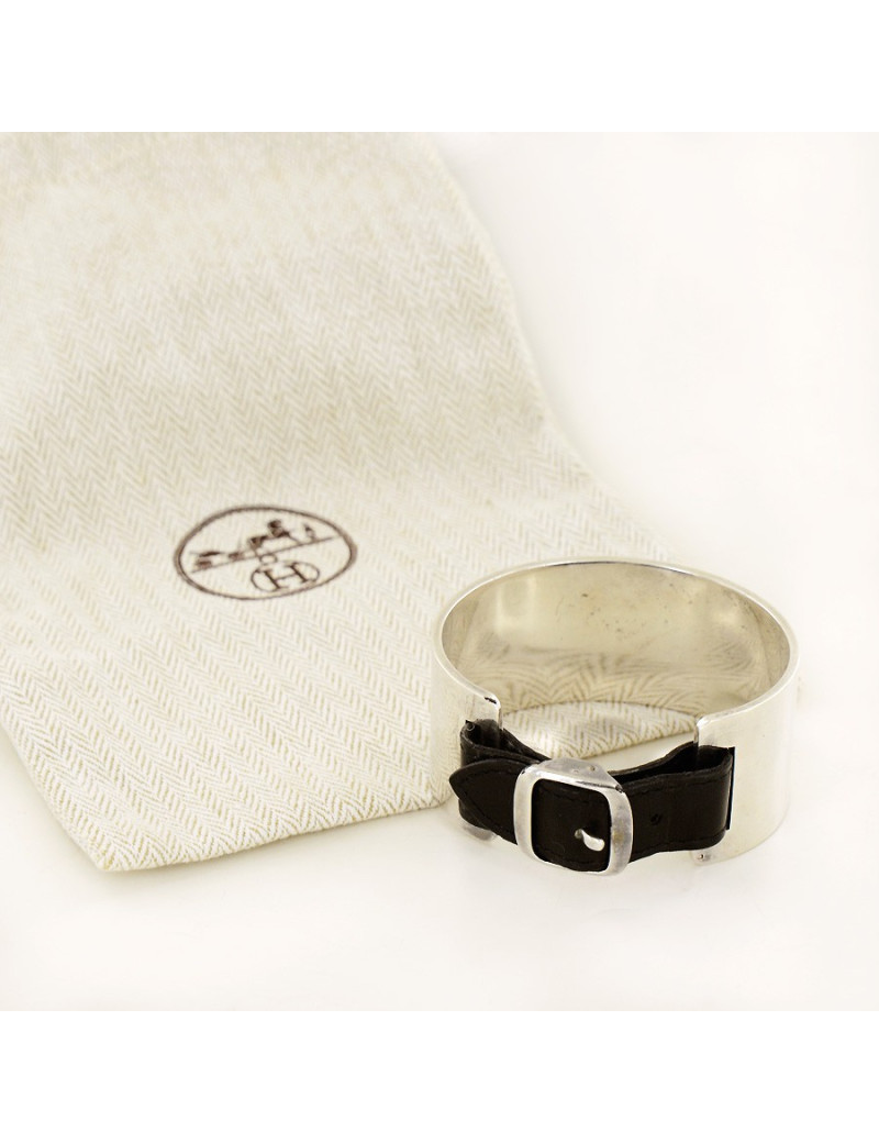 Manchette HERMES argent 750 et boucle en cuir 