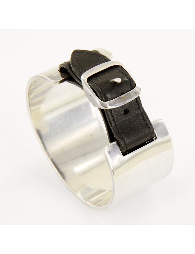 Manchette HERMES argent 750 et boucle en cuir 