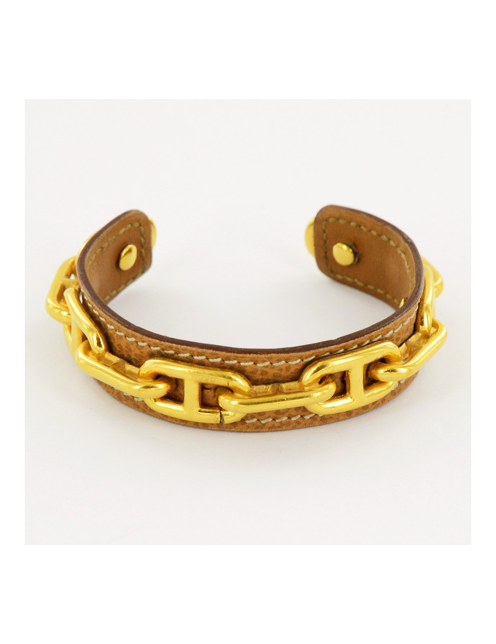 Bracelet rigide chaine d'ancre HERMES   doré et cuir gold