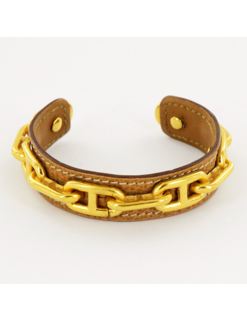Bracelet rigide chaine d'ancre HERMES   doré et cuir gold
