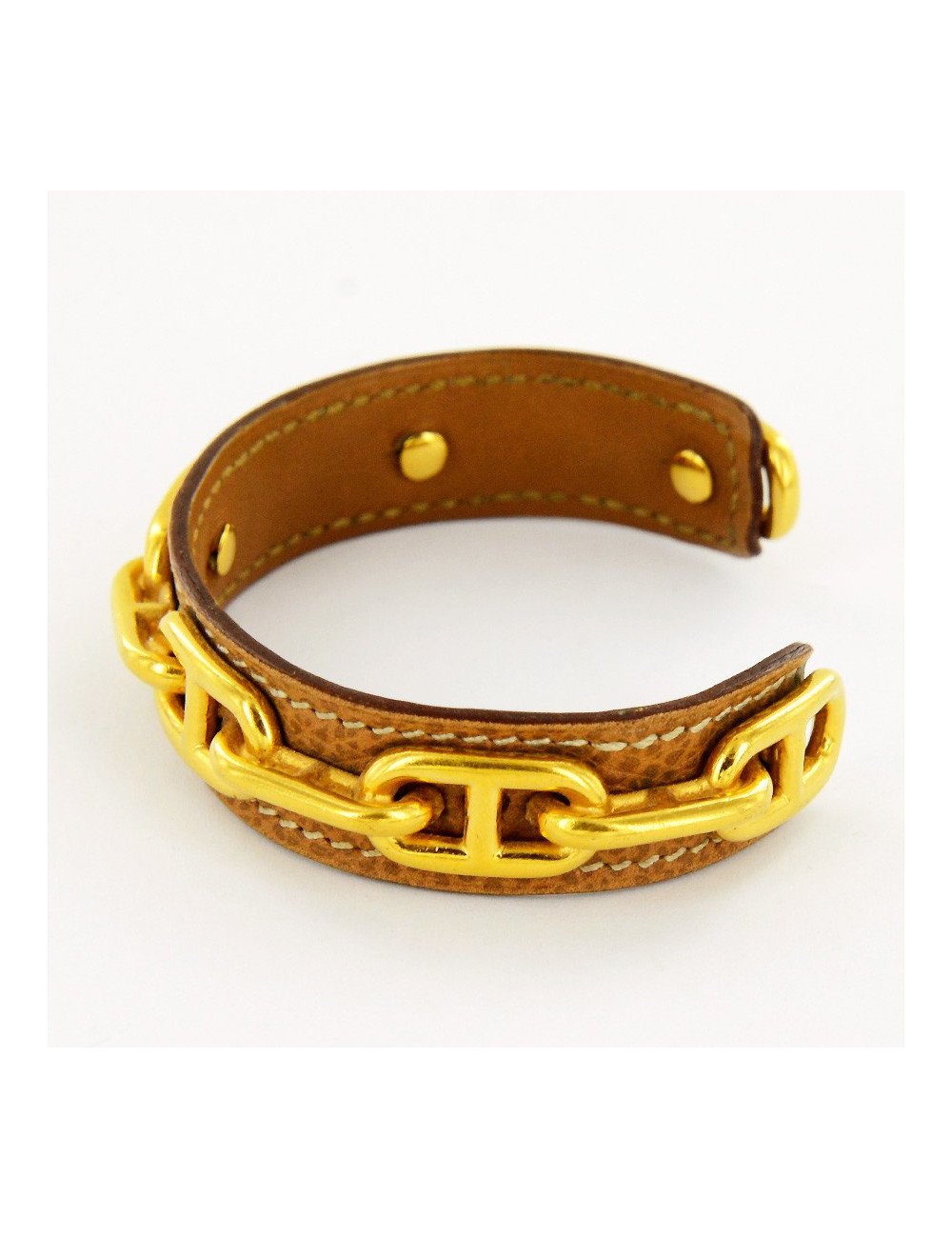 Bracelet rigide chaine d'ancreHERMES   doré et cuir gold