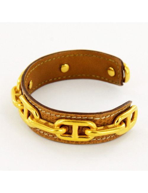 Bracelet rigide chaine d'ancreHERMES   doré et cuir gold