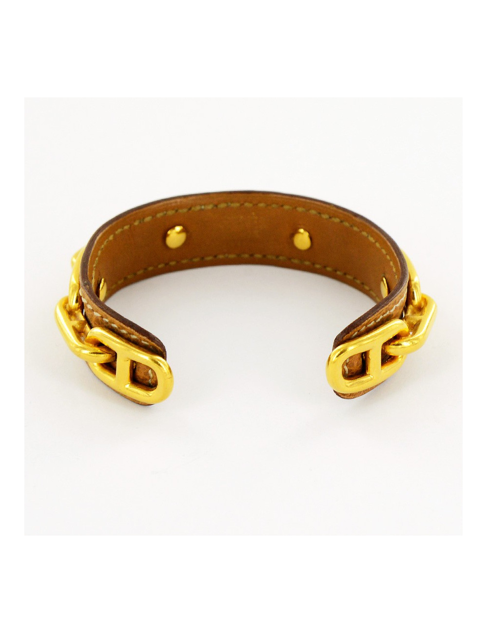 Bracelet rigide chaine d'ancre HERMES   doré et cuir gold