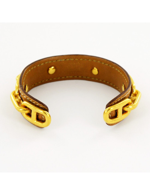 Bracelet rigide chaine d'ancre HERMES   doré et cuir gold