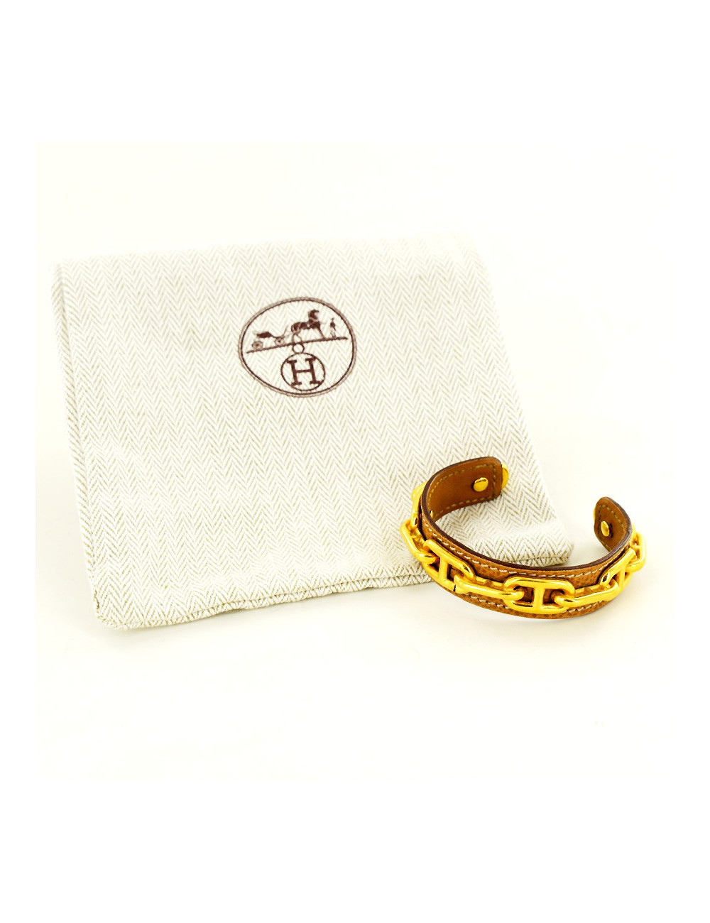 Bracelet rigide chaine d'ancreHERMES   doré et cuir gold