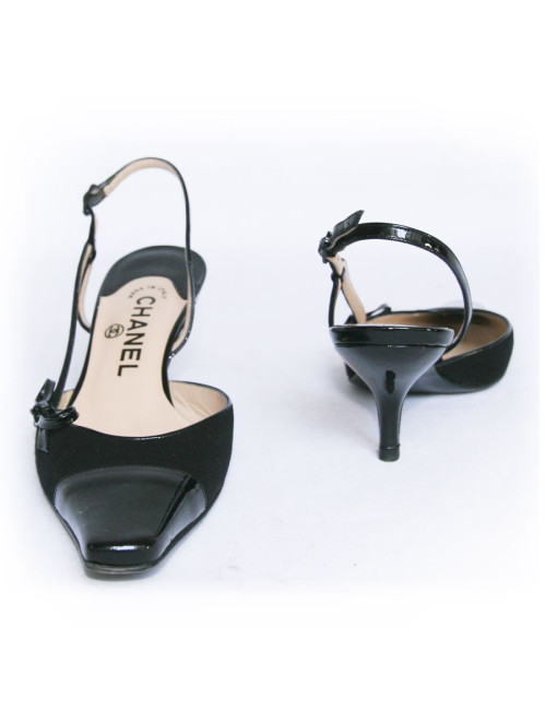Escarpins CHANEL T36,5 cuir vernis noir et tissu