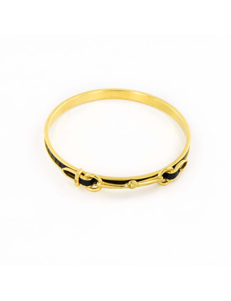 Bracelet HERMES  "mors" plaqué or et lézard noir