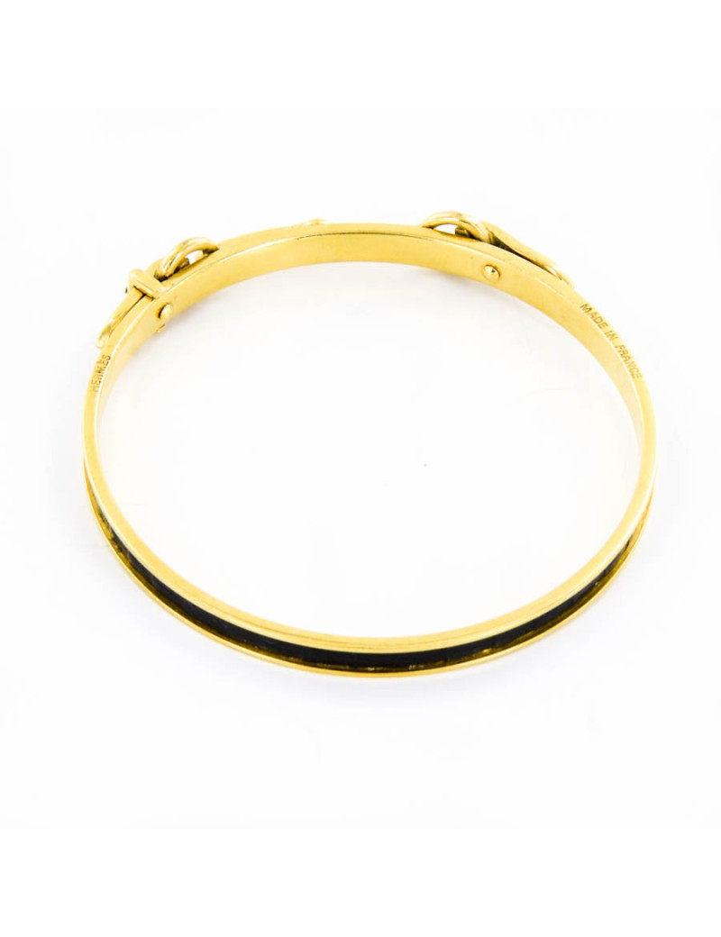 Bracelet HERMES  "mors" plaqué or et lézard noir