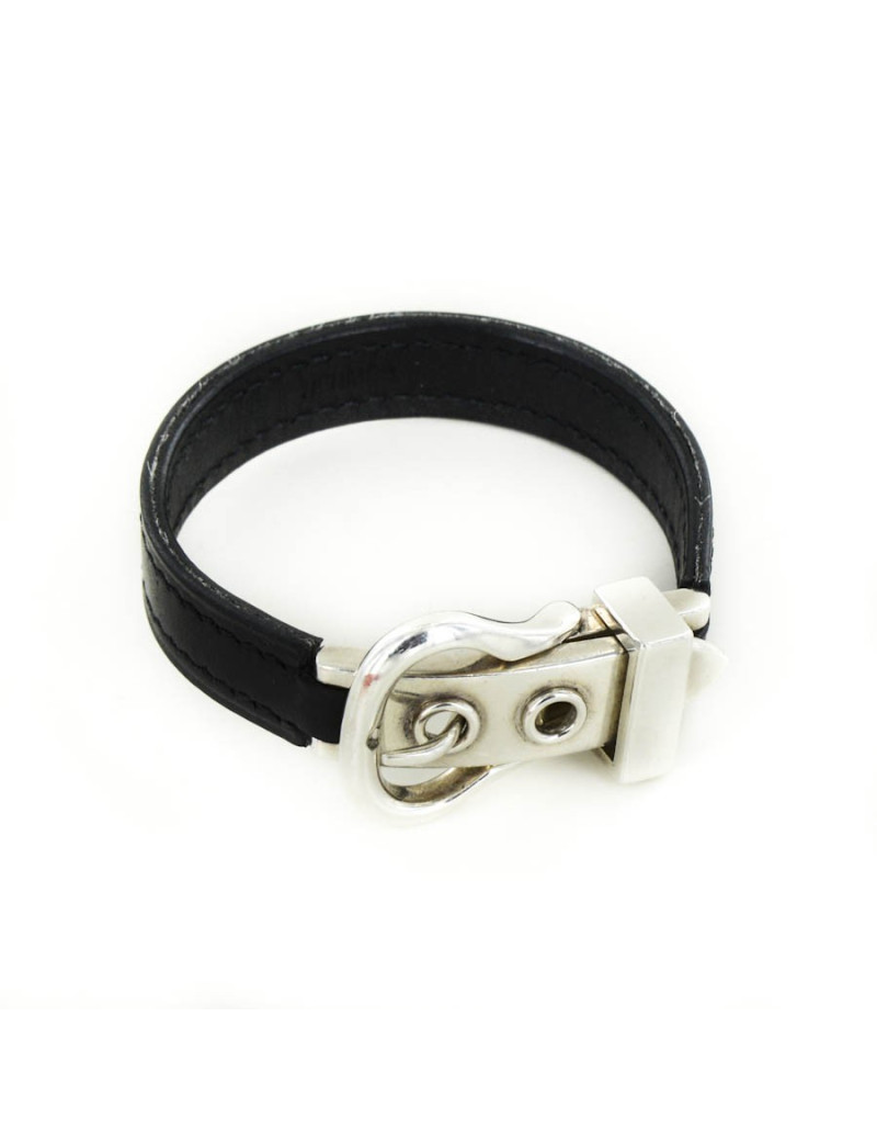 Bracelet HERMES en cuir noir et boucle argent