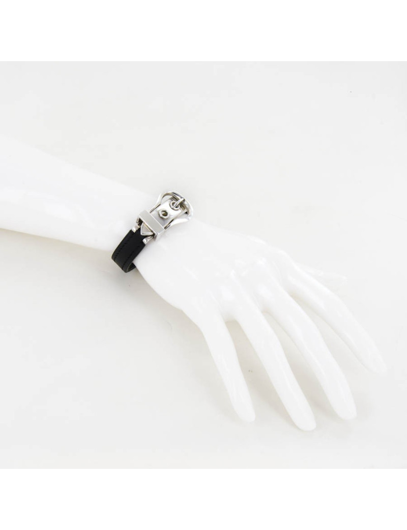 Bracelet HERMES en cuir noir et boucle argent