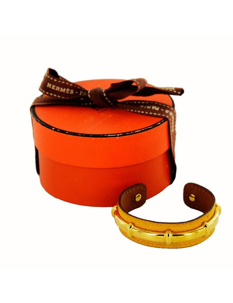 Bracelet HERMES cuir jaune et doré