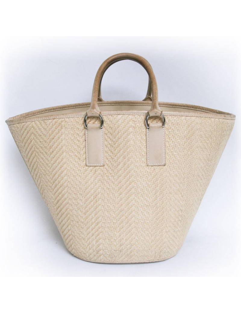 Sac seau HERMES cuir et osier coquille d'oeuf