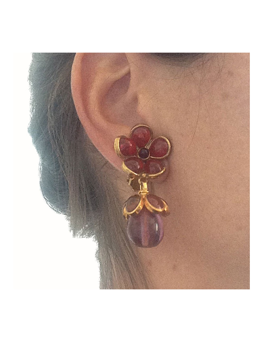 Clips MARGUERITE DE VALOIS Pâte de verre violet and red orange