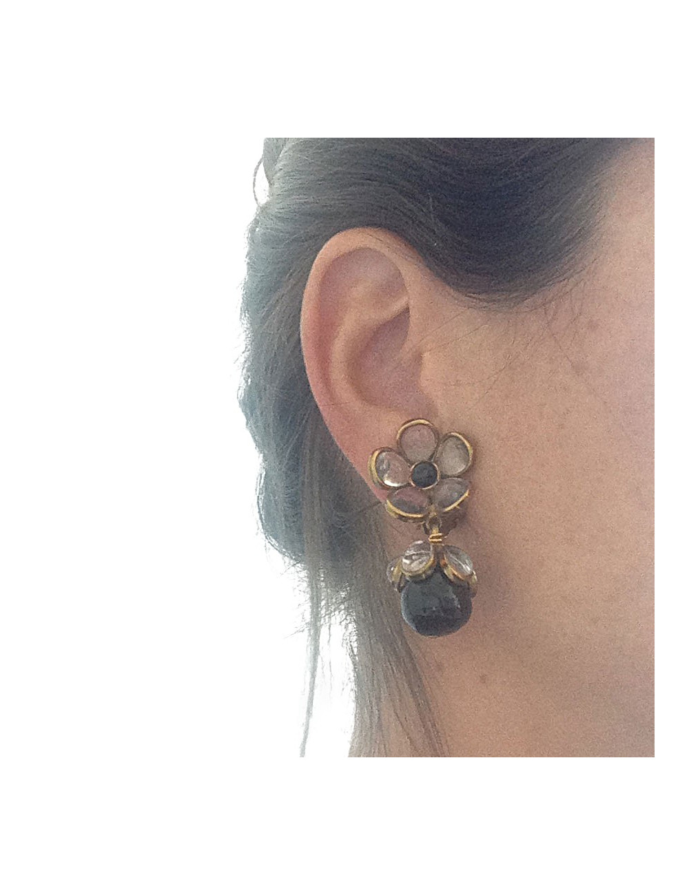 MARGUERITE DE VALOIS black and transparent glass paste clips