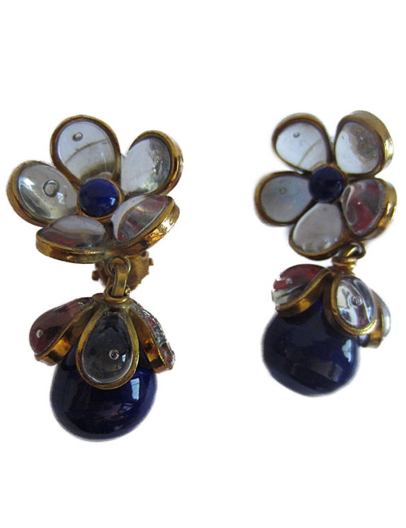 Clips MARGUERITE DE VALOIS pâte de verre bleu nuit et transparent