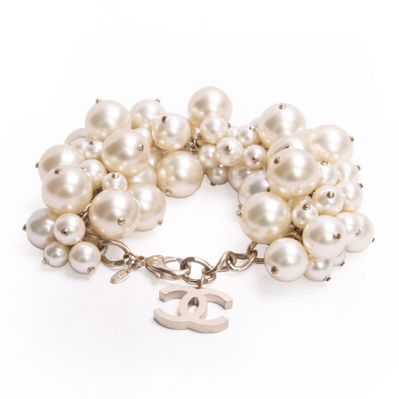 Chanel 09A CC Chain & Faux Pearl Cluster Ring Gold Size 6.5