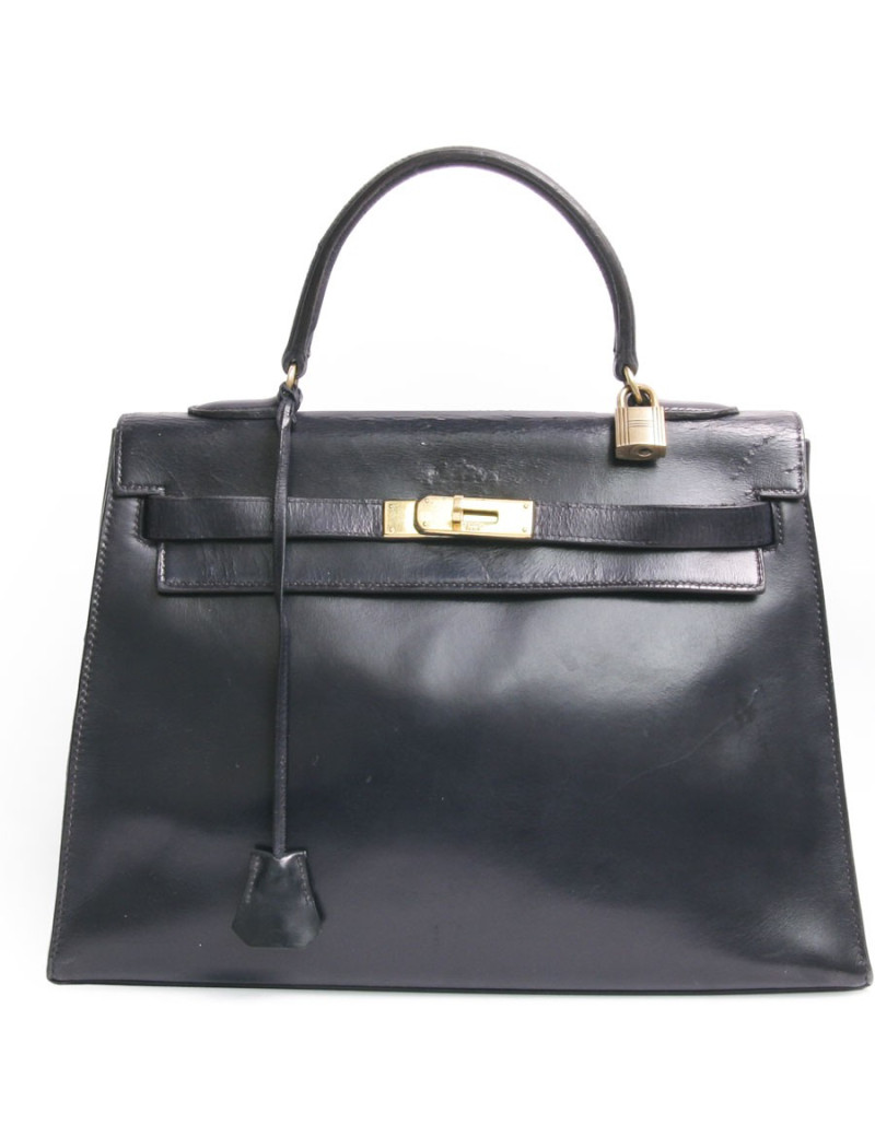 Sac Kelly HERMES cuir box  bleu marine vintage 