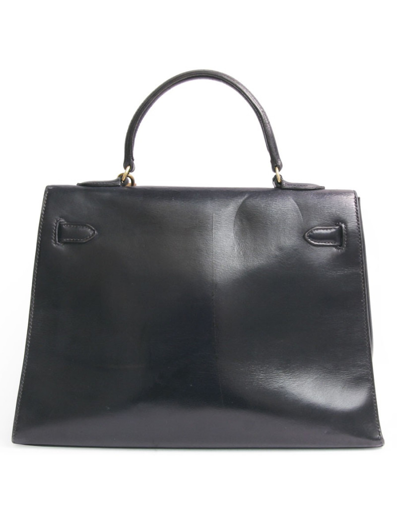 Sac Kelly HERMES cuir box  bleu marine vintage 
