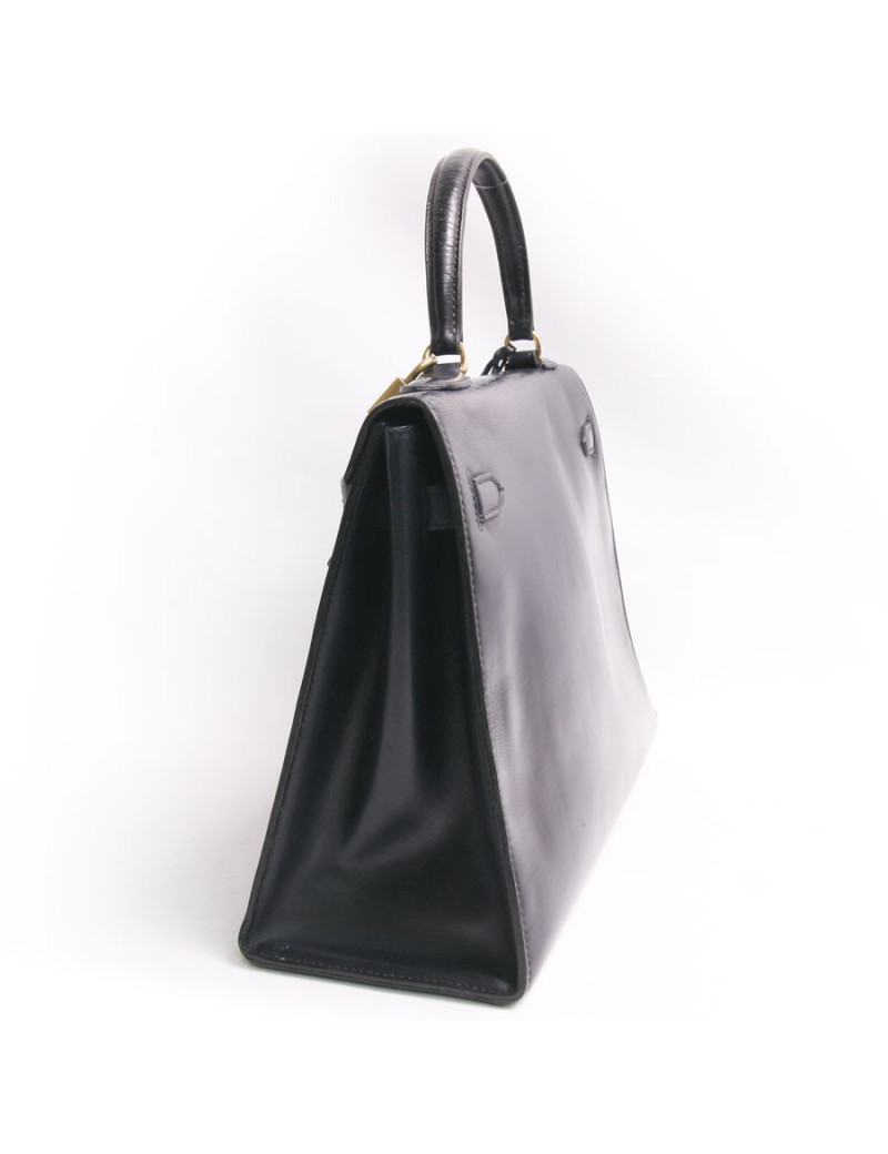 Sac Kelly HERMES cuir box  bleu marine vintage 