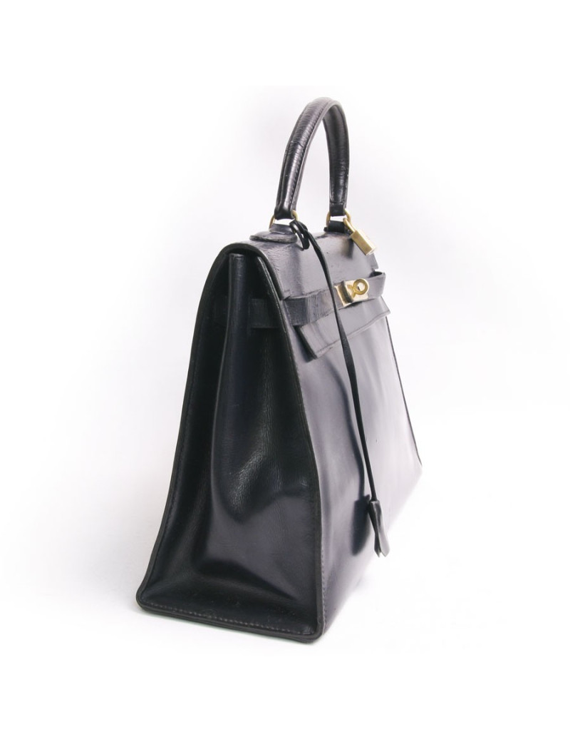 Sac Kelly HERMES cuir box  bleu marine vintage 