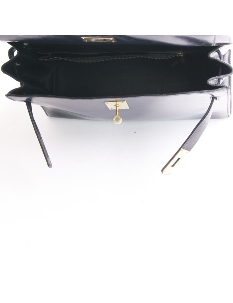 Sac Kelly HERMES cuir box  bleu marine vintage 