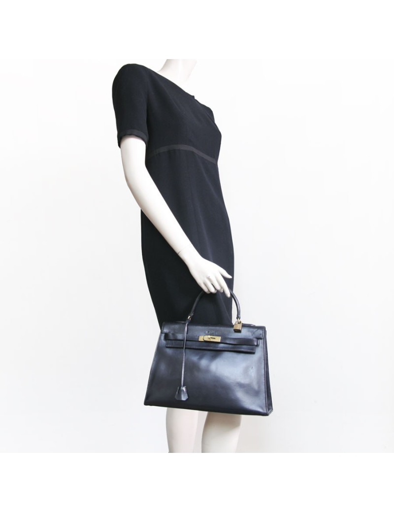 Sac Kelly HERMES cuir box  bleu marine vintage 