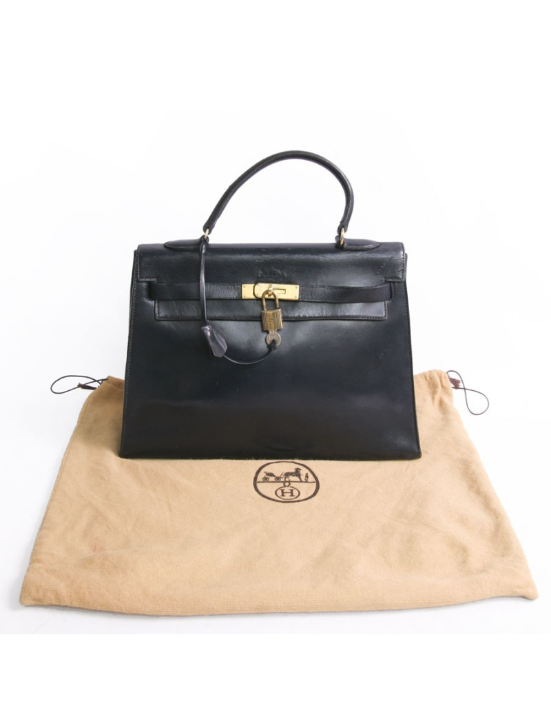 Sac Kelly HERMES cuir box  bleu marine vintage 