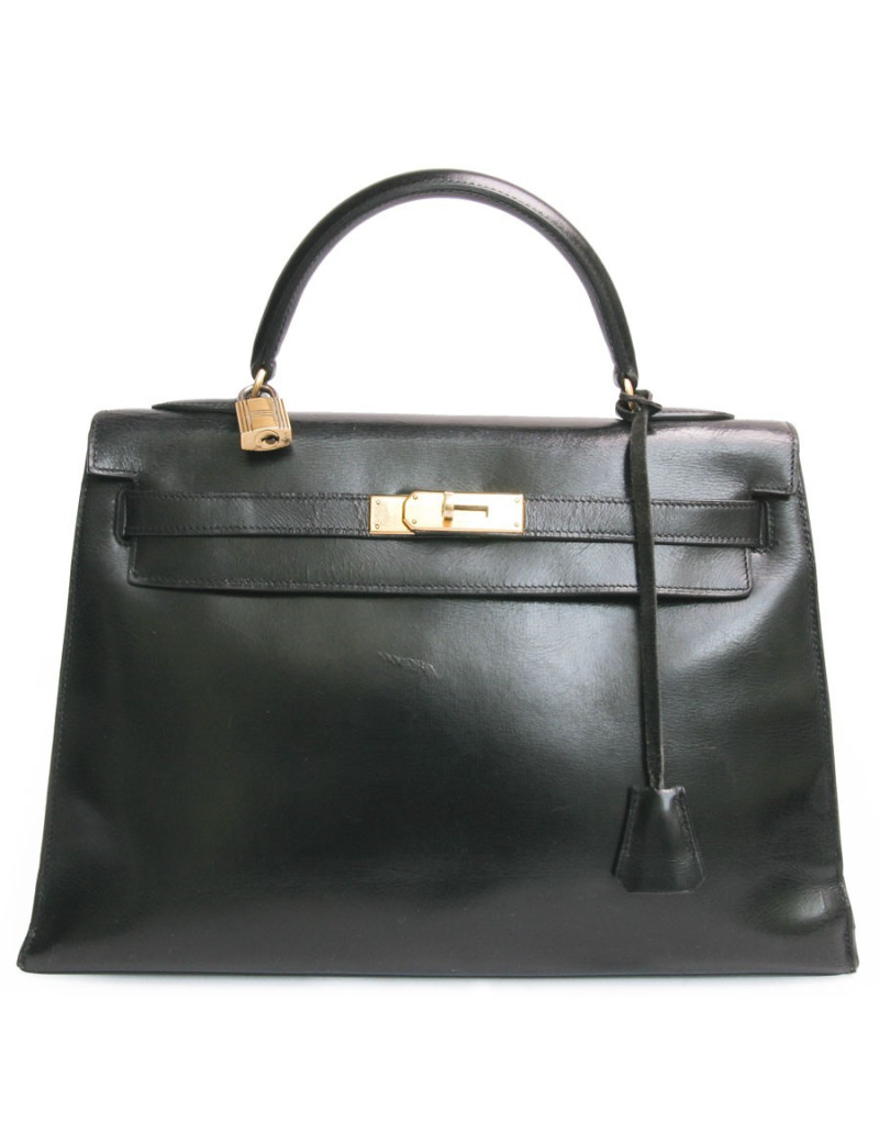 Sac kelly HERMES cuir box noir vintage 