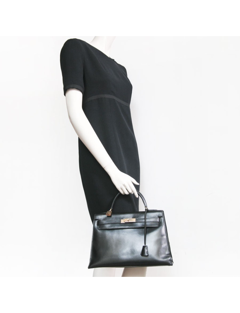 Sac kelly HERMES cuir box noir vintage 