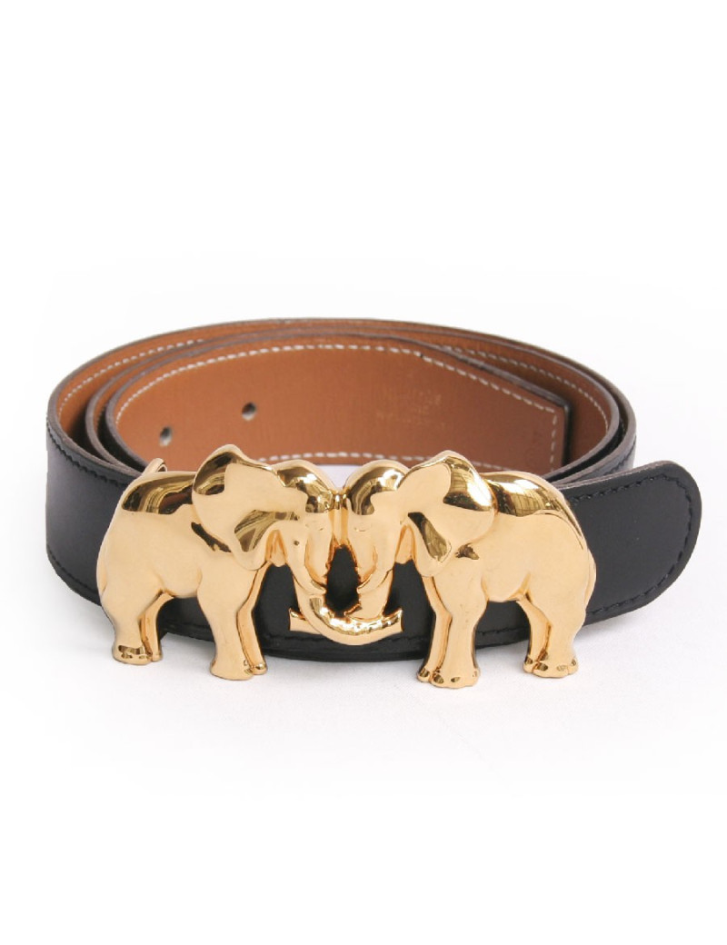Ceinture HERMES "éléphants" réversible noir et beige