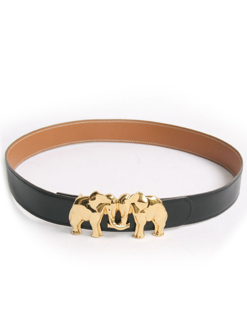Ceinture HERMES "éléphants" réversible noir et beige