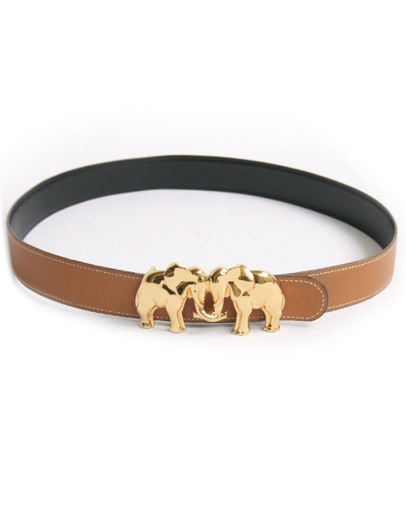 Ceinture HERMES "éléphants" réversible noir et beige