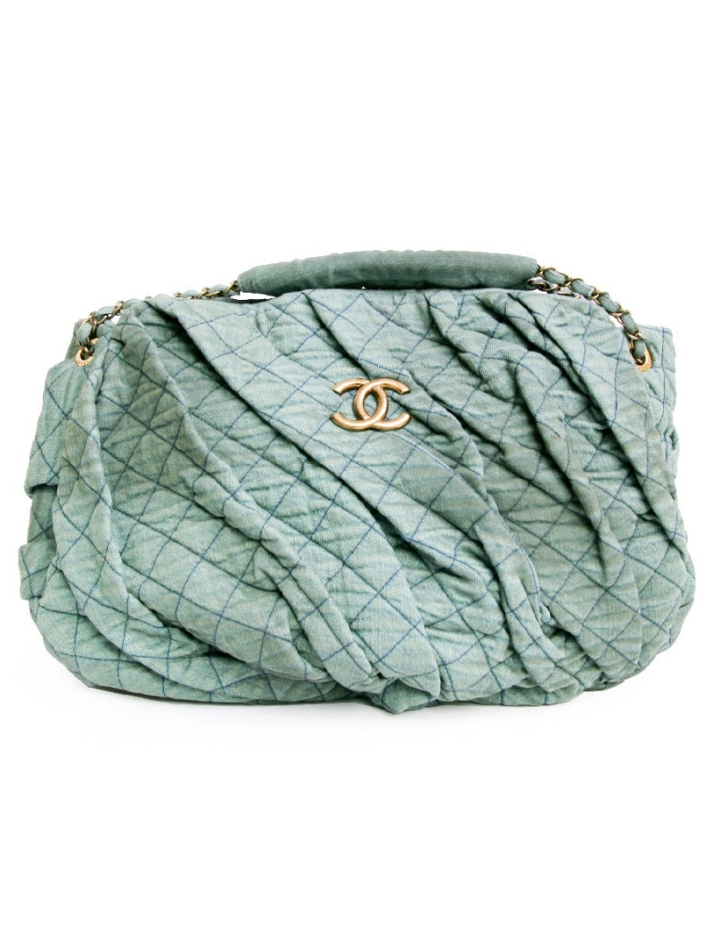 Sac besace CHANEL textile vert turquoise  vieilli