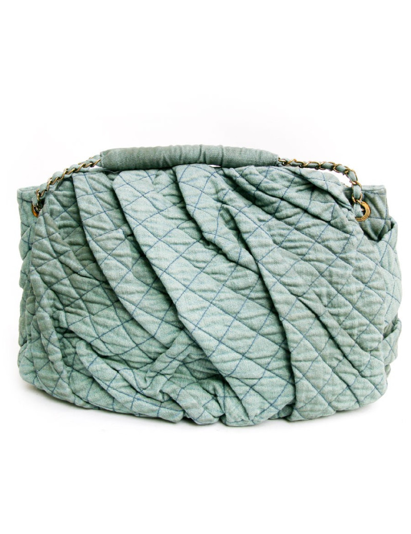 Sac besace CHANEL textile vert turquoise  vieilli