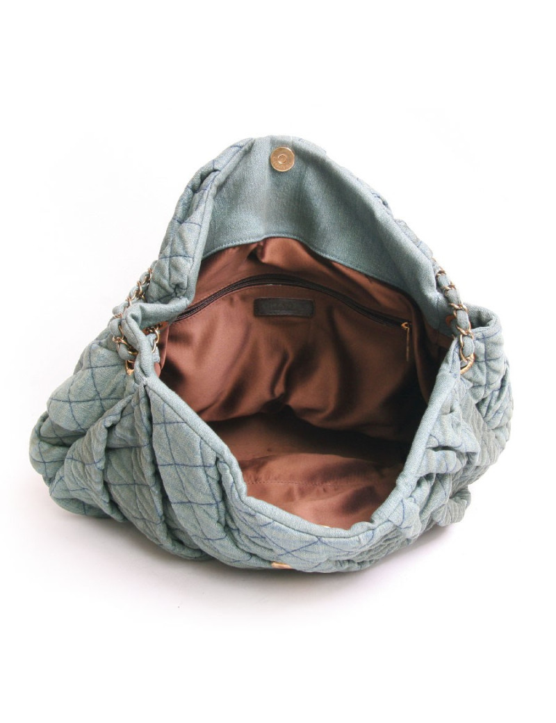 Sac besace CHANEL textile vert turquoise  vieilli