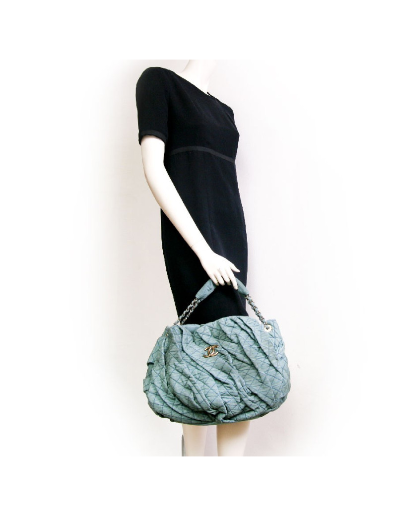 Sac besace CHANEL textile vert turquoise  vieilli