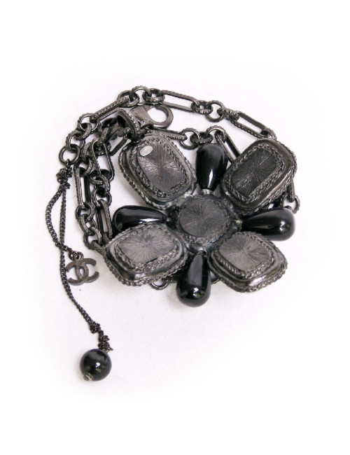 Collier bijou CHANEL pâte de verre et pane de velours gris